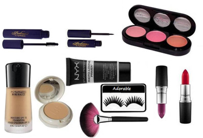 

Adorable Eyelashes With Mac mineralize Foundation & BB Compact, mac padma eyeliner & mascara, 3 Shade Blusher & matte Finish Long Lasting Lipstick 2 Diffrent Shades & Makeup Brush,NYX Primer, (Set of 10 )(Set of 10)