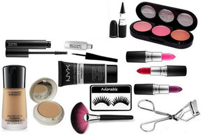Adorable Eyelashes With Mac mineralize Foundation & BB Compact, Zoom Lash Mascara,Liquid Eyeliner,Stick Kajal,3 Shade Blusher & matte Finish Long Lasting Lipstick 3 Diffrent Shades & Eyelashes Curler & Makeup Brush,NYX Primer, (Set of 13 )(Set of 13)