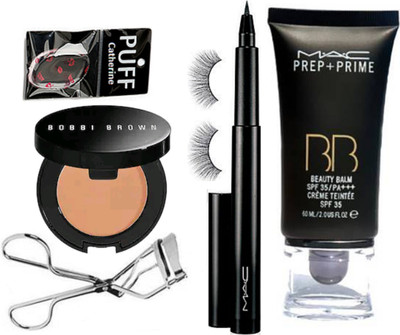 

catherine silicon puff, Mac prep+prime BB beauty balm cream, pen eyeliner, Bobbi brown corrector concealer, eyelashes with eyelashes curler(Set of 6)