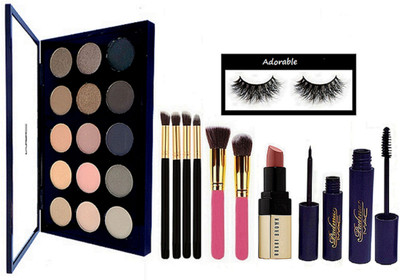 

Adorable eyelashes, mac 15 shade eye shadow palette , makeup brush pack of 6, mac padma eyeliner & mascara , bobbi brown nude shade lipstick(Set of 11)