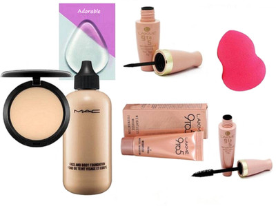 

Adorable Silicon Puff & Mac Studio Fix Compact , Face and Body Foundation , Lakme 9 to 5 Eyeliner , Mascara and Weightless Mousse Foundation, sponge puff(Set of 7)