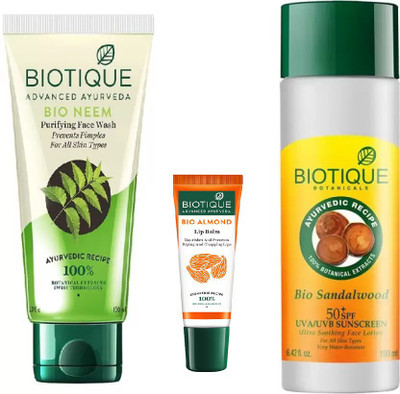 

BIOTIQUE BIO Neem Purifying Face Wash, Bio Sandalwood Ultra Soothing Face Lotion, LIP CARE(Set of 3)