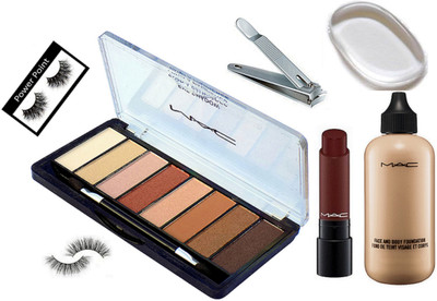 

POWER POINT eyelashes 2 , Mac Transparent 8 Shade Palette, face and body foundation , Silicon puff, nail cuter , Mac Long Lasting Lipstick(Set of 7)