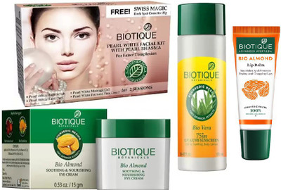 

BIOTIQUE BIO Pearl White Facial Kit, Bio Almond Soothing & Nourishing Eye Cream, Bio Vera 75+ Spf Sunscreen Ultra Soothing Body Lotion, LIP CARE(Set of 4)