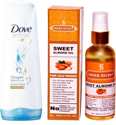 

SHEER SECRET SWEET ALMOND OIL 100ML (PURE COLD PRESSED) and DOVE 180 ML OXYGEN MOISTURE CONDITIONER(Set of 2)