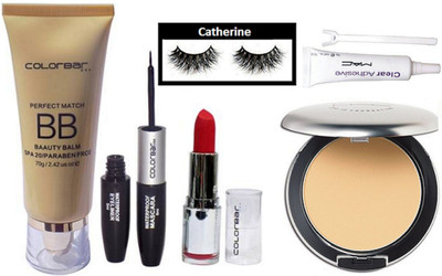 

catherine eyelashes, Mac studio perfect compact, colorbar lipstick, BB cream, eyeliner and mascara 2 in one, eyelashes glue(Set of 6)