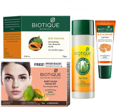 

BIOTIQUE BIO Bio Party Glow Facial Kit, Bio Papaya Revitalizing Tan Removal Scrub, Bio Vera 75+ Spf Sunscreen Ultra Soothing Body Lotion, LIP CARE(Set of 4)