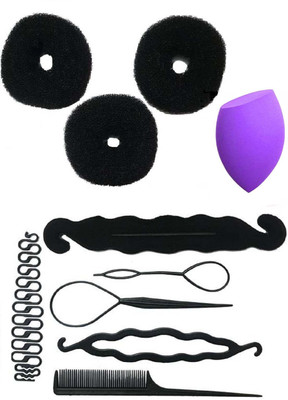 

Bella Hararo 10pc Set Juda Maker+ Heart Shape Donut + Braid Maker + Hair Styling Tool Combo & Shape Makeup Foundation Sponge Puff(Set of 1)