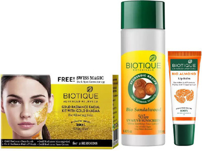 

BIOTIQUE BIO Gold Radiance Facial Kit, Bio Sandalwood Ultra Soothing Face Lotion 50+ SPF UVA/UVB Sunscreen, LIP CARE(Set of 3)