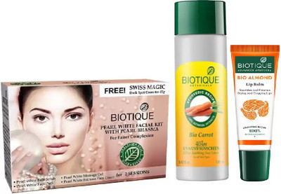 

BIOTIQUE BIO Pearl White Facial Kit, Bio Carrot 40+ Spf Sunscreen Ultra Soothing Face Lotion, LIP CARE(Set of 3)