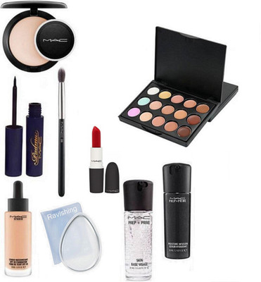 

ravishing Silicone puff, MAC studio water weight foundation, prep + prime primer & serum & 15 shades concealer palette & lipstick & compact & Padma mascara & makeup brush(Set of 9)