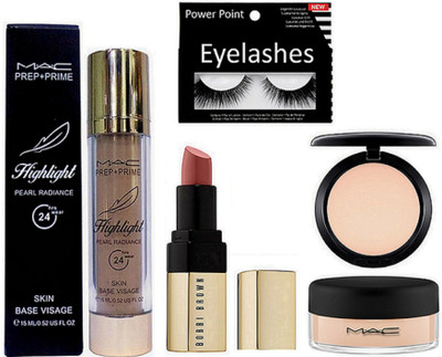 

POWER POINT Eyelashes, Mac skin base visage highlight, Loose powder, Compact + Bobbi brown nude shade lipstick(Set of 5)