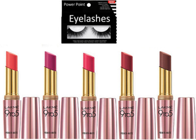 

Power point Eyelashes & LAkme 9 To 5 Lipstick (set of 5)(Set of 6)