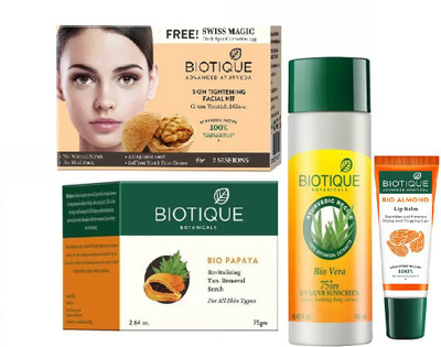 

BIOTIQUE BIO Skin Tightening Facial Kit, Bio Papaya Revitalizing Tan Removal Scrub, Bio Vera 75+ Spf Sunscreen Ultra Soothing Body Lotion, LIP CARE(Set of 4)