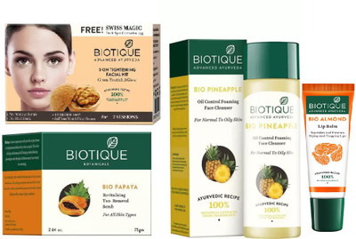 

BIOTIQUE BIO Skin Tightening Facial Kit, Bio Papaya Revitalizing Tan Removal Scrub, Bio Pineapple Oil Control Face Cleanser For Normal To Oil Skin, LIP CARE(Set of 4)