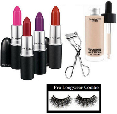 

pro longwear combo Eyelashes, Mac Matte Lipstick Of 4 Multicolor & Eyelashes Curler With Studio Waterweight Foundation(Set of 7)