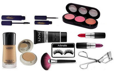 

Adorable Eyelashes With Mac mineralize Foundation & BB Compact, mac padma eyeliner & mascara, 3 Shade Blusher & matte Finish Long Lasting Lipstick 2 Diffrent Shades & Eyelashes Curler & Makeup Brush,NYX Primer, (Set of 11 )(Set of 11)
