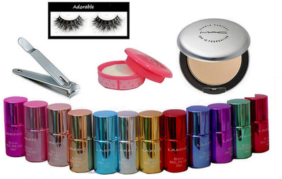 

Adorable eyelashes, lakme mirror nail polish 15 ml pack of 12 , nail cuter & nail paint remover and mac silver compact(Set of 16)