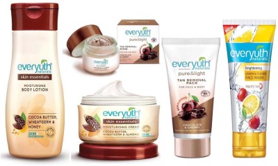 

Everyuth Naturals Skin Essentials Moisturising Body Lotion Cocoa Butter Wheatgerm & Honey 200ml, Moisturising Cream Cocoa Butter Wheatgerm & Almond 100ml, TAN REMOVAL SCURB 50g, TAN REMOVAL PACK 50g and Lemon & Cherry 50g Face wash(Set of 5)