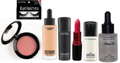 

ravishing Eyelashes, Mac studio water weight foundation, prep+ prime primer oil & fix brume & prep+ prime foundation & pink blusher & ladygaga lipstick(Set of 7)
