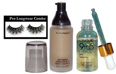 

pro longwear combo Eyelashes, Mac Matchmaster Foundation, 9to5 Gold Radiance Face Serum(Set of 3)