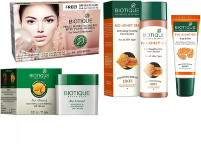 

BIOTIQUE BIO Pearl White Facial Kit, Bio Almond Soothing & Nourishing Eye Cream, Bio Honey Gel Refreshing Foaming Face Cleanser For All Skin Types, LIP CARE(Set of 4)
