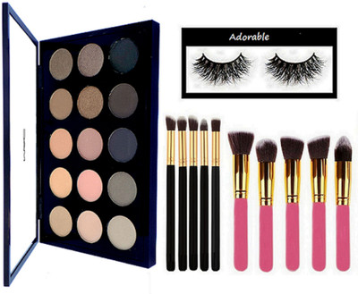 

Adorable eyelashes, mac 15 shade eye shadow palette and makeup brush pack of 10(Set of 12)