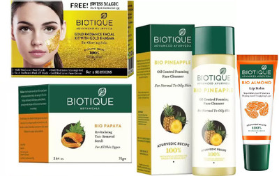 

BIOTIQUE BIO Gold Radiance Facial Kit, Bio Papaya Revitalizing Tan Removal Scrub, Bio Pineapple Oil Control Face Cleanser For Normal To Oil Skin, LIP CARE(Set of 4)