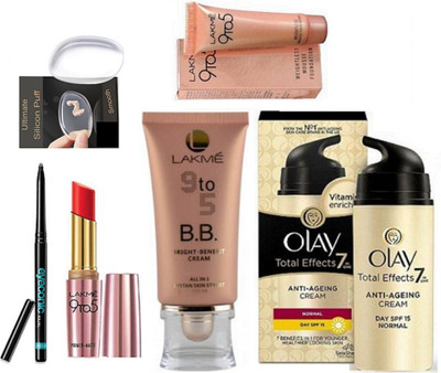 

Ultimate Silicon Puff & With 9to5 Prime+ Matte Lipstick With BB Bright Benefit Cream And Mousse Foundation 6 gm,olay Total Effect Anti Ageing Cream & Eyeconic Kajal(Set of 6)