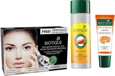 

BIOTIQUE BIO Diamond Facial Kit, Bio Carrot 40+ Spf Sunscreen Ultra Soothing Face Lotion, LIP CARE(Set of 3)