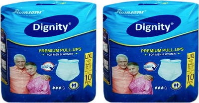 

ROMSONS DIGNITY PREMIUM PULL UPS PANT TYPE ADULT DIAPERS, SIZE L-XL, 10 Pcs. PACK, COMBO OF 2 PACKS, FOR WAIST SIZE 34-59 INCHES, TOTAL 20 PANTS - L - XL(20 Pieces)