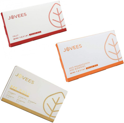 

Jovees 24k Gold, Fruit, & Anti pigmentation and blemishes, Mini Facial Value Kit. (Three flavour) 189 g(Set of 3)