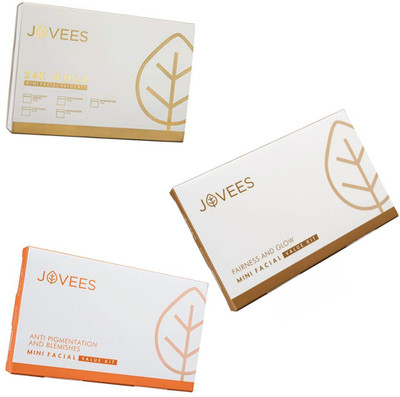 

Jovees 24k Gold, Fairness and Glow, & Anti Pigmentation and Blemishes, Mini Facial Value Kit. (Three flavour) 189 g(Set of 3)