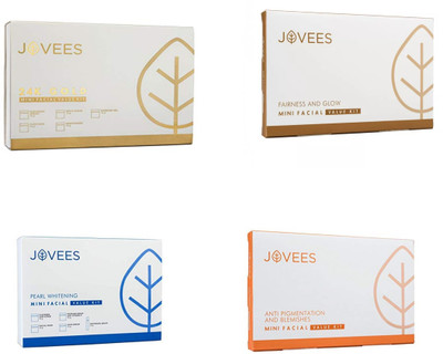 

Jovees Anti pigmentation and blemishes, Pearl Whitening, 24K Gold & Fairness and Glow Mini Facial Value Kit. (Four flavour) 249 g(Set of 4)