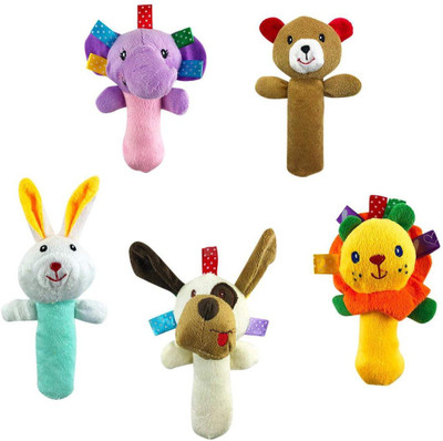 

BABY STATION 5 PCS Set Cartoon Stuffed Animal Baby Soft Plush Hand Rattle Squeaker Sticks for - 18 cm(Multicolor)