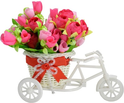 ME&YOU Romantic Cycle Gifts with Flower for Wife, Girlfriend, fiance On Valentine's Day Red, Pink, Green Rose Artificial Flower  with Pot(4.5 inch, Pack of 1, Flower with Basket)