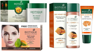 

BIOTIQUE BIO Party Glow Facial Kit, Bio Almond Soothing & Nourishing Eye Cream, Bio Honey Gel Refreshing Foaming Face Cleanser For All Skin Types, LIP CARE(Set of 4)