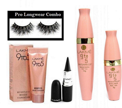 

pro longwear combo Eyelashes, Mac Stick Kajal, 9to5 waterproof Mascara & Eyeliner, Mousse Foundation(Set of 5)