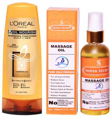

SHEER SECRET MASSAGE OIL 100 ML (PURE COLDPRESSED) and LOREAL CONDITIONER OIL NOURISH 175ML(Set of 2)