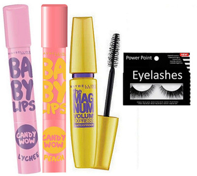 

Power point Eyelashes & Baby Lips Candy Wow Orange & Peach Lip balm & Maybellien Magmum Mascara(Set of 4)