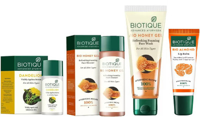 

BIOTIQUE BIO Dandelion Ageless Lightening Serum, Honey Gel Refreshing Foaming Face cleanser , Honey Gel Face Wash, LIP CARE(Set of 4)