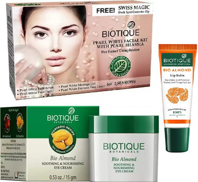 

BIOTIQUE BIO Pearl White Facial Kit, Bio Almond Soothing & Nourishing Eye Cream, LIP CARE(Set of 3)