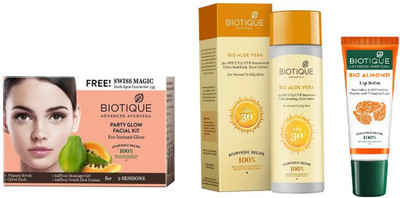 

BIOTIQUE BIO Party Gelow Facial Kit, Bio Carrot 30+Spc Sunscreen Ultra Soothing Face LotioN , LIP BALM(Set of 3)