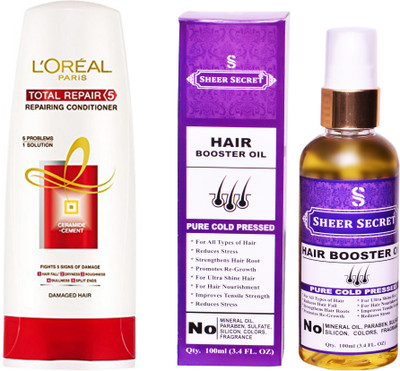 

SHEER SECRET HAIR BOOSTER OIL 100 ML (PURE COLDPRESSED) and LOREAL CONDITIONER TOTAL REPAIR 5 175ML(Set of 2)