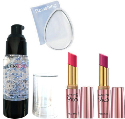 

ravishing PUFF, HUDA BEAUTY SKIN CAVIAR PRIMER & LAKME 9 TO 5 LIPSTICK in 2 SHADES(Set of 4)