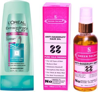 

SHEER SECRET ANTI DANDRUFF OIL 100 ML (PURE COLDPRESSED) and LOREAL CONDITIONER CLAY 175ML(Set of 2)