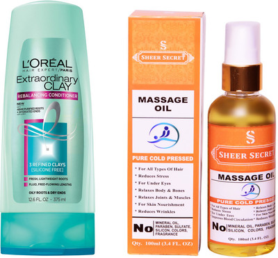 

SHEER SECRET MASSAGE OIL 100 ML (PURE COLDPRESSED) and LOREAL CONDITIONER CLAY 175ML(Set of 2)