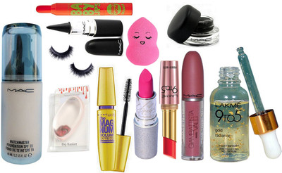 

big Basket Silicon Puff & Mac Matchmaster Foundation & Stick Kaj & Padma Mascara & Gel Eyeliner & LAkme 9 To 5 Lipstick & Mac Lipstick & GAimbattista Vali Gloss & Lalme 9 To 5 Face Serum & Baby Lipbalm & Eyelashes & Sponge Puff(Set of 12)