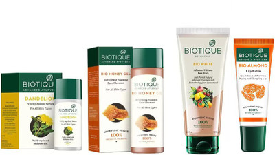 

BIOTIQUE BIO Dandelion Ageless Lightening Serum, Honey Gel Refreshing Foaming Face cleanser , white advanced fairness face wash, LIP CARE(Set of 4)