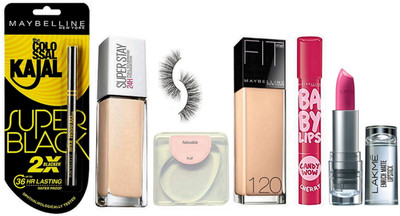 

Adorable silicone puff, maybelline colossal super black kajal,super stay 24h full coverage foundation & fit me 120 foundation and candy wow cherry lipbalm, eyelashes, lakme inrich lipstick(Set of 7)